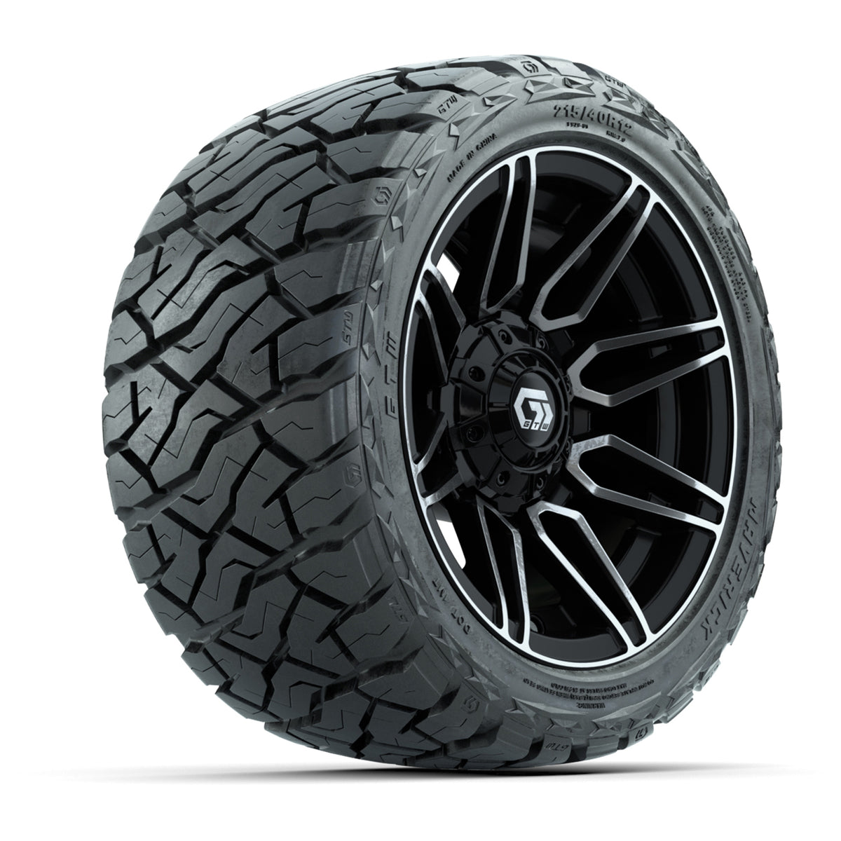 12" GTW Stealth Wheels Gloss Machined Black and Maverick 215/40-R12 Low Profile All Terrain Tires Combo Set of 4