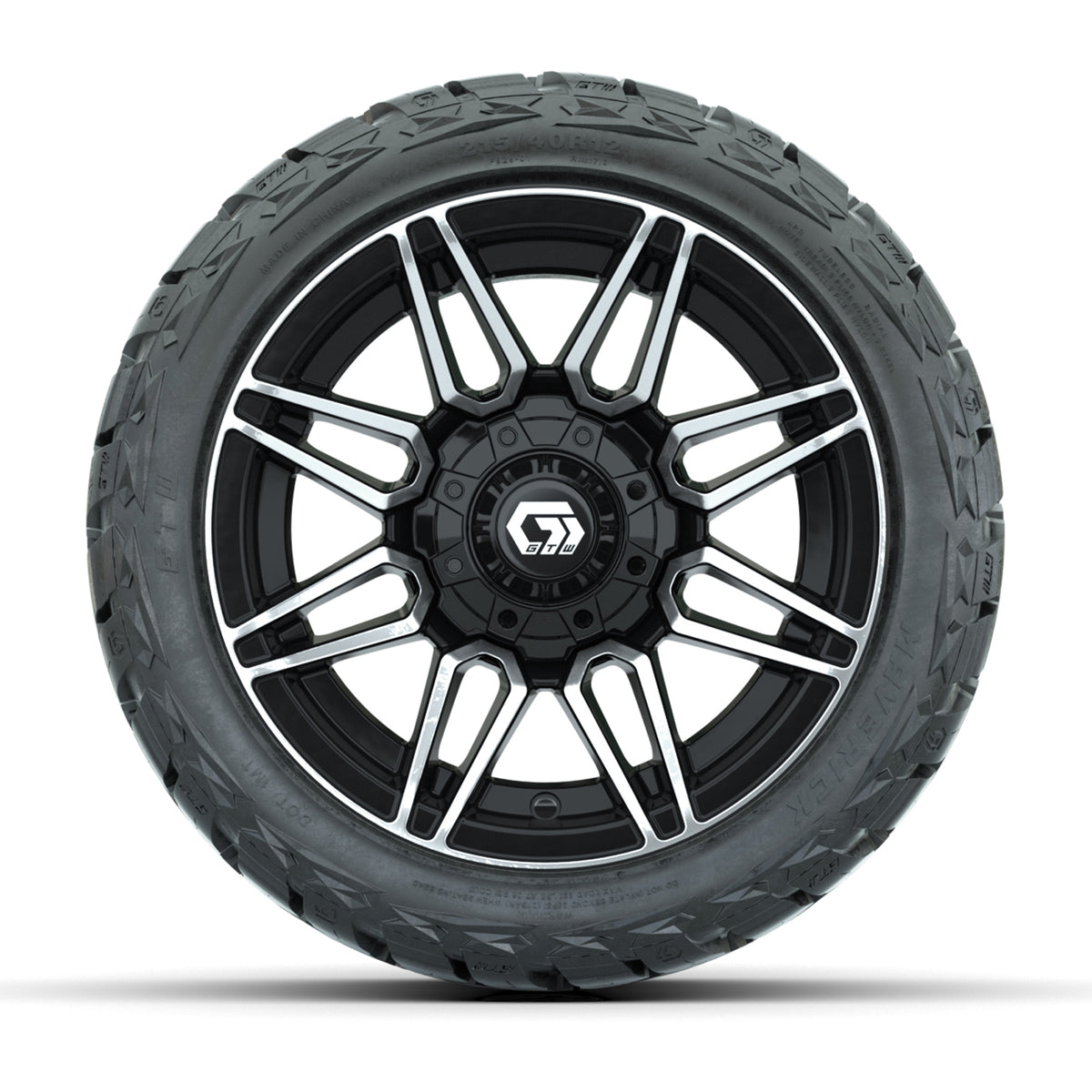12" GTW Stealth Wheels Gloss Machined Black and Maverick 215/40-R12 Low Profile All Terrain Tires Combo Set of 4