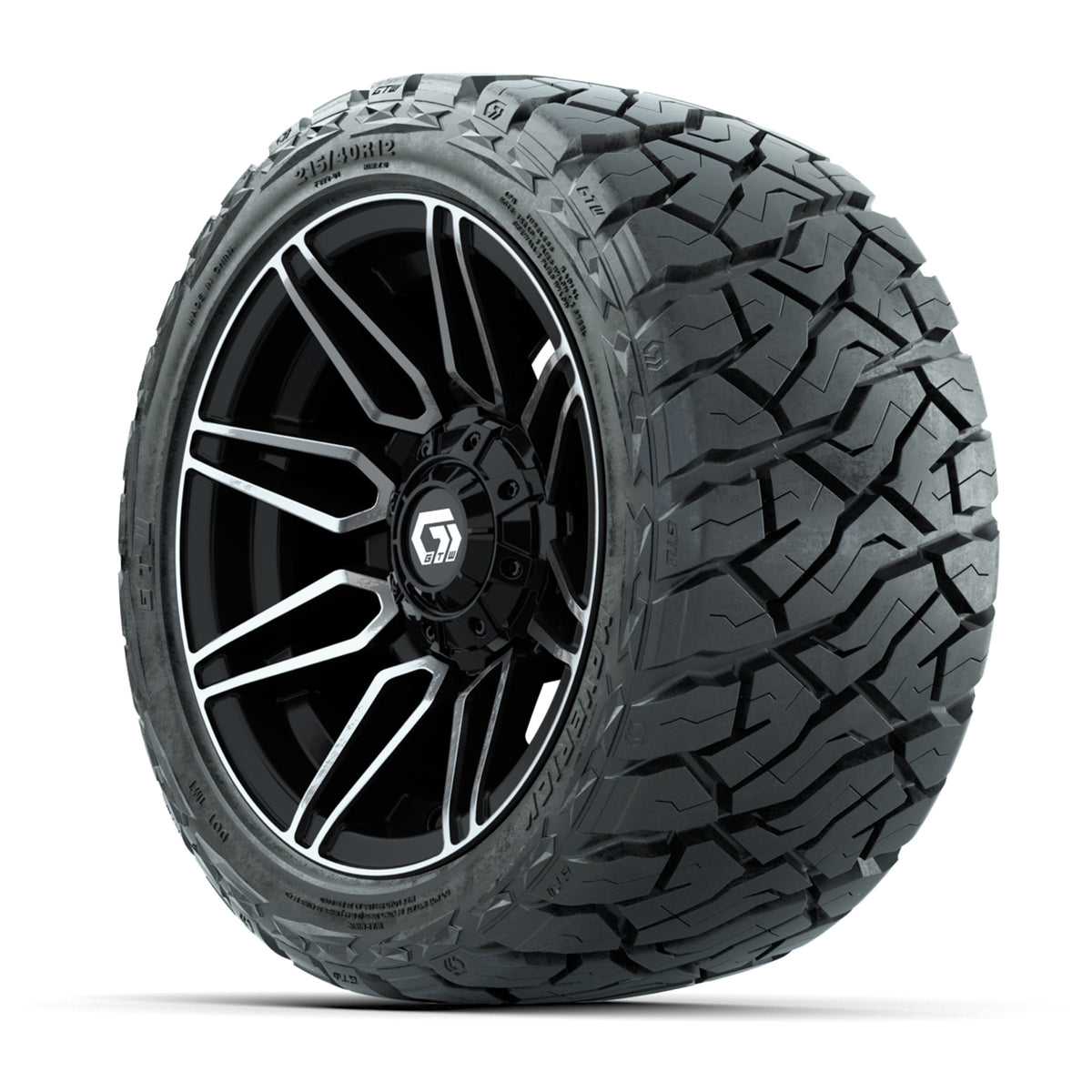 12" GTW Stealth Wheels Gloss Machined Black and Maverick 215/40-R12 Low Profile All Terrain Tires Combo Set of 4