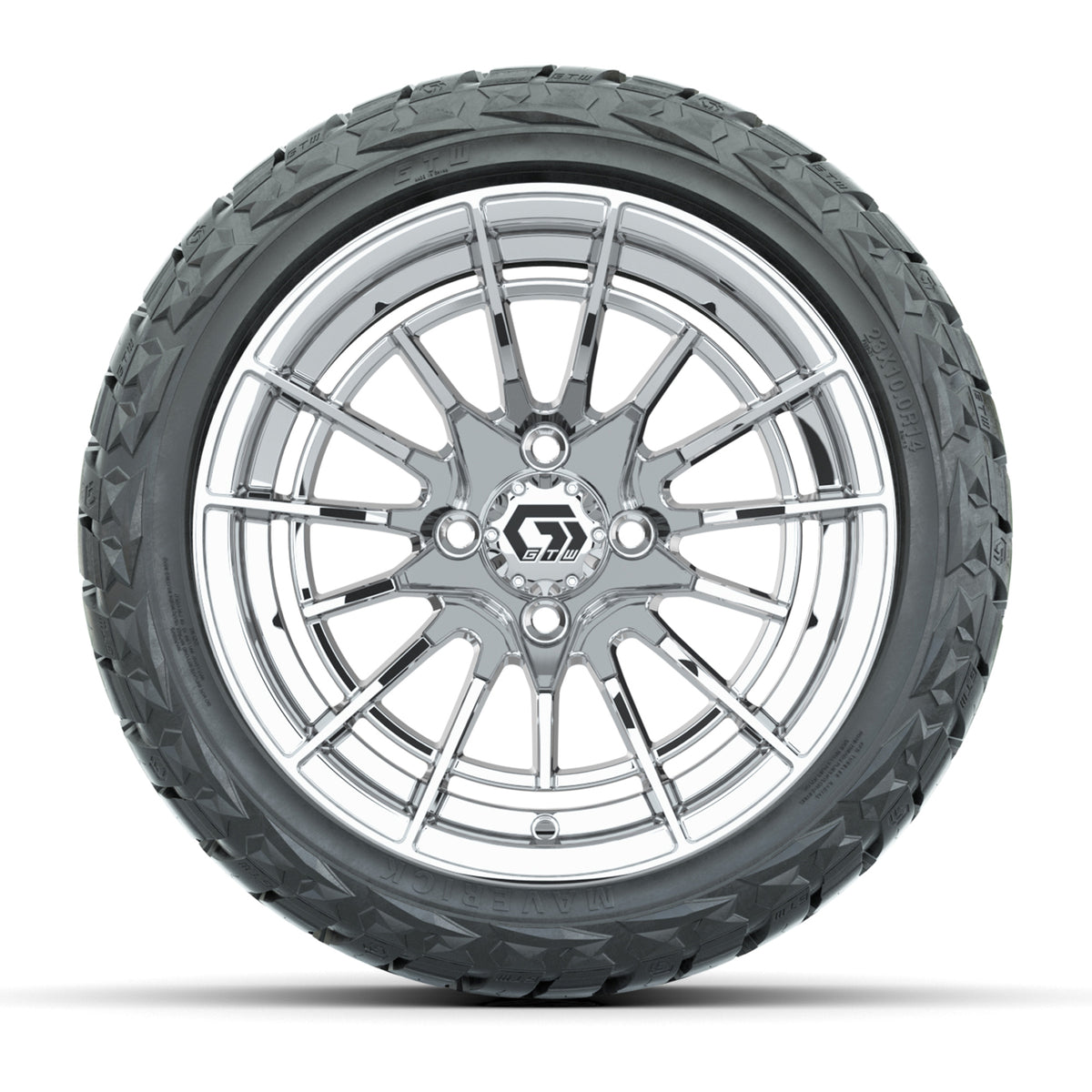 14" GTW Boost Wheels Chrome and Maverick Low Profile & All Terrain Tires Combo Set of 4