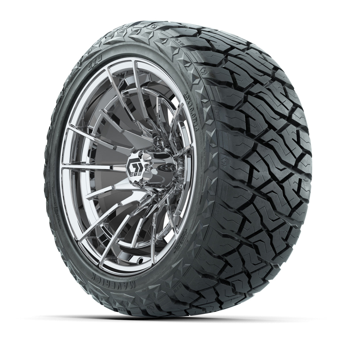14" GTW Boost Wheels Chrome and Maverick Low Profile & All Terrain Tires Combo Set of 4