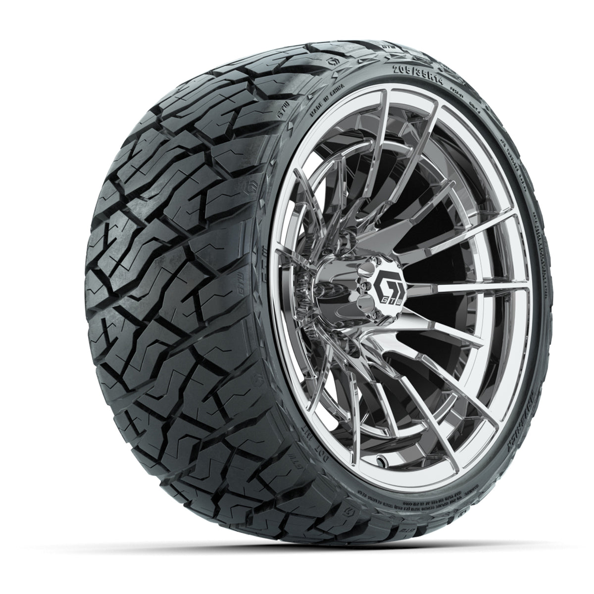 14" GTW Boost Wheels Chrome and Maverick Low Profile & All Terrain Tires Combo Set of 4