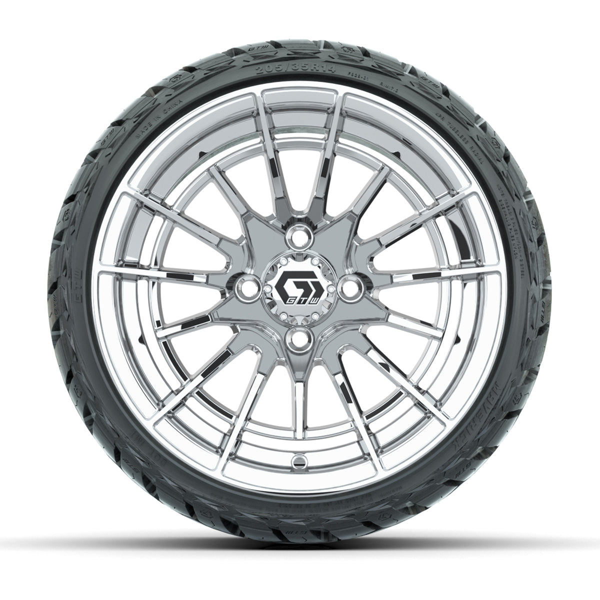 14" GTW Boost Wheels Chrome and Maverick Low Profile & All Terrain Tires Combo Set of 4