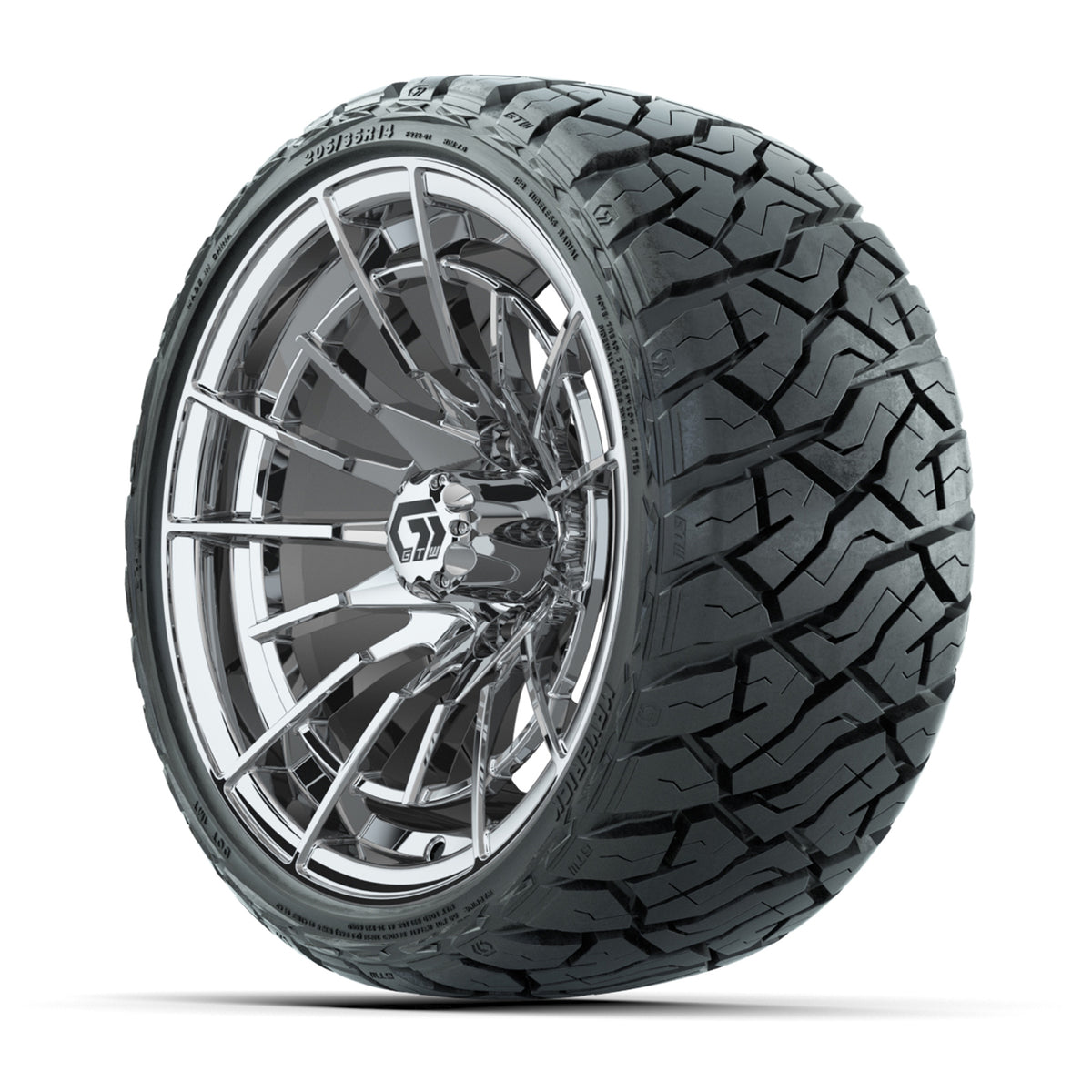 14" GTW Boost Wheels Chrome and Maverick Low Profile & All Terrain Tires Combo Set of 4