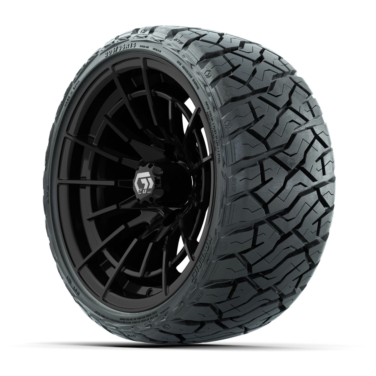 14" GTW Boost Wheels Gloss Black and Maverick Low Profile & All Terrain Tires Combo Set of 4