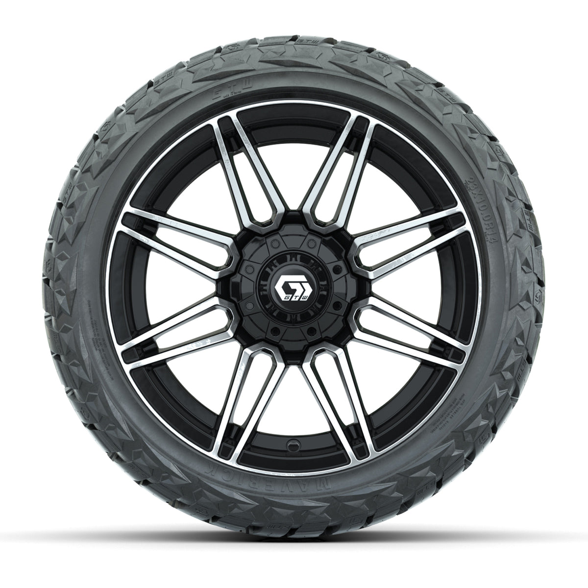 14" GTW Stealth Wheels Machined Gloss Black and Maverick Low Profile & All Terrain Tires Combo Set of 4