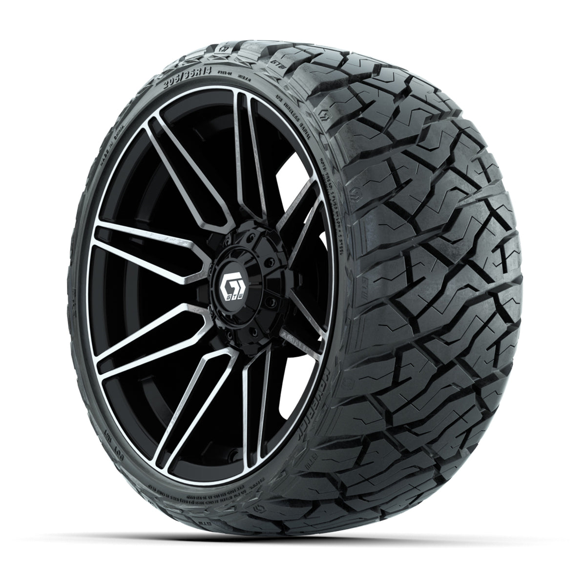14" GTW Stealth Wheels Machined Gloss Black and Maverick Low Profile & All Terrain Tires Combo Set of 4