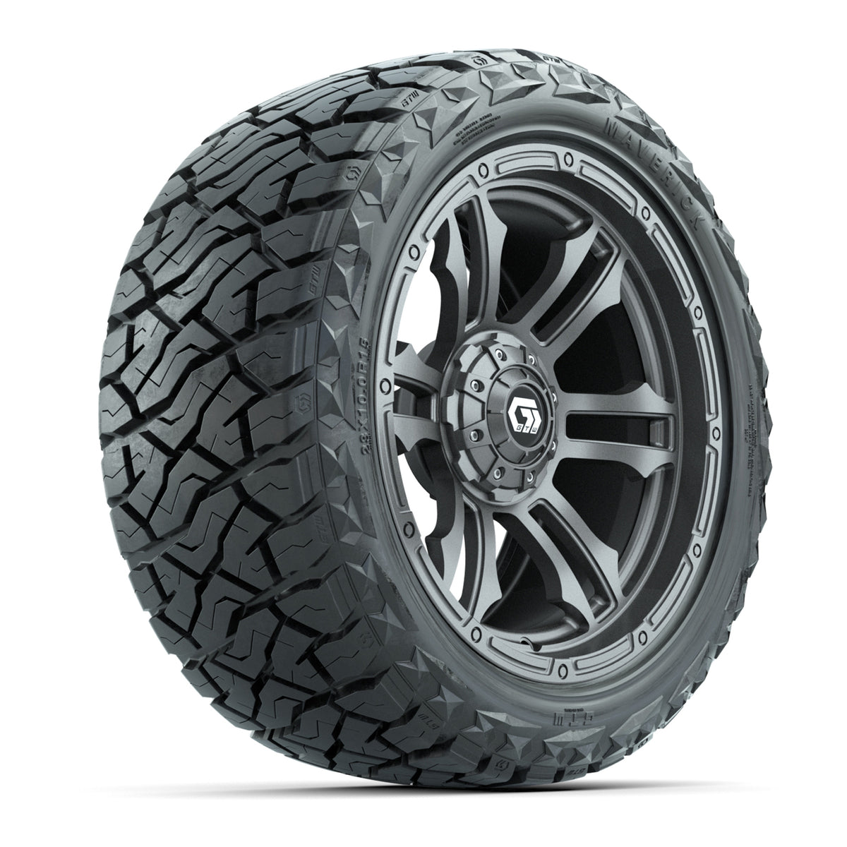15" GTW Shogun Wheels Gloss Gunmetal and Maverick 23x10.00-R15 All Terrain Tires Combo Set of 4