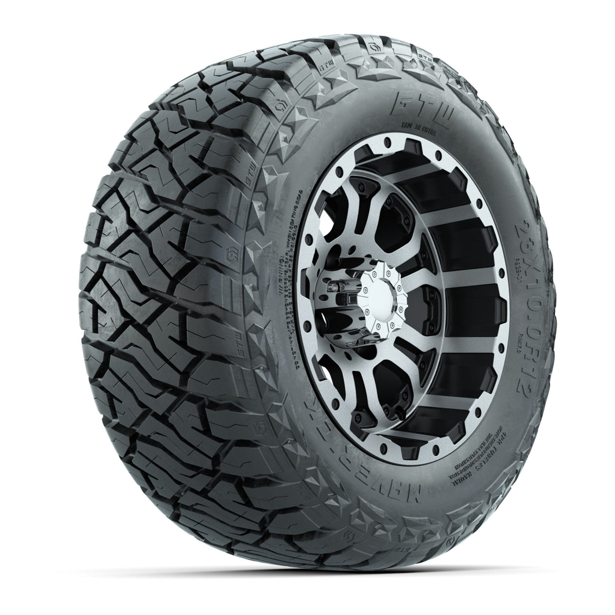 12" GTW Omega Wheels Machined Black and Maverick Low Profile & All Terrain Tires Combo Set of 4