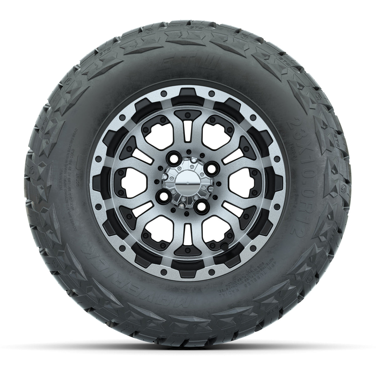 12" GTW Omega Wheels Machined Black and Maverick Low Profile & All Terrain Tires Combo Set of 4