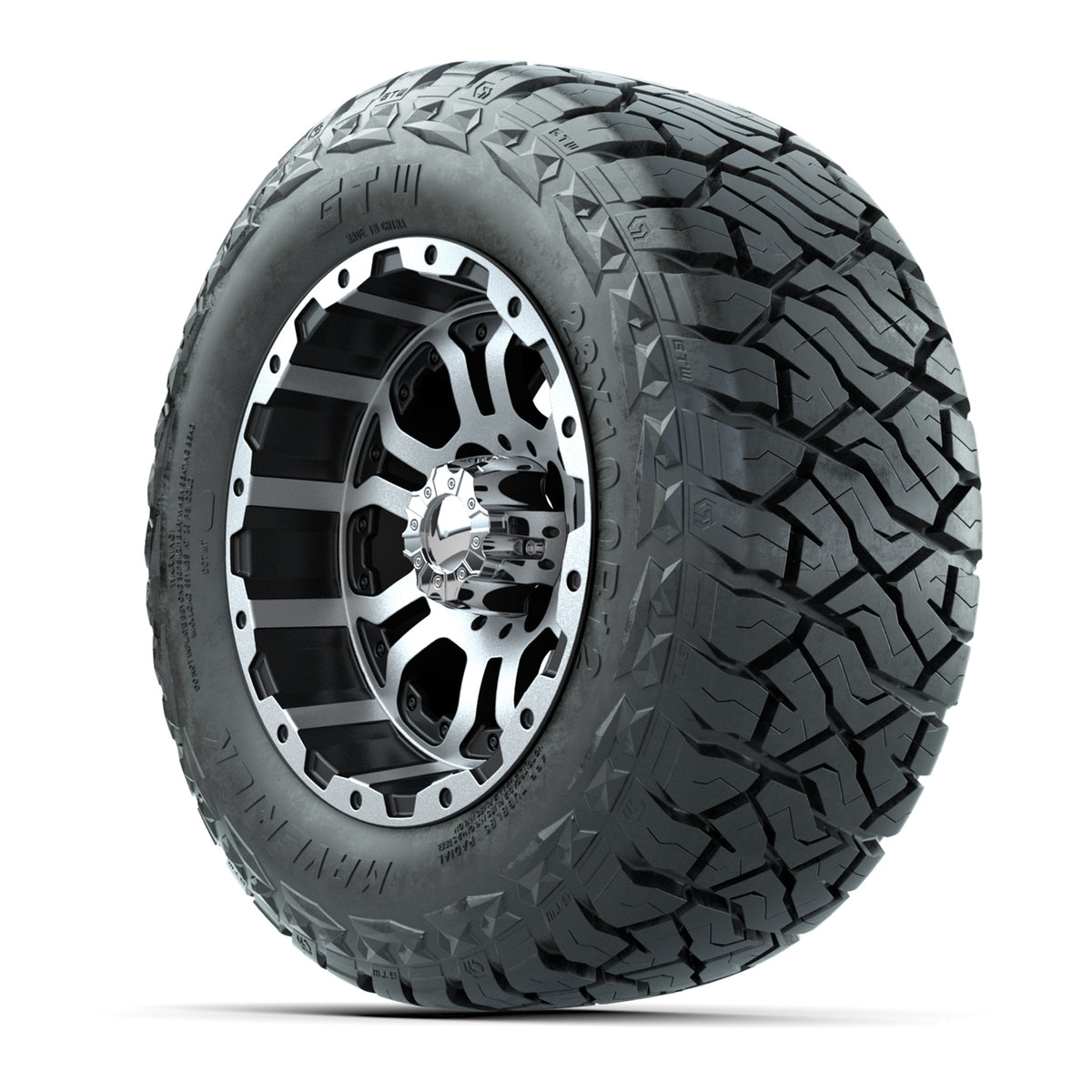 12" GTW Omega Wheels Machined Black and Maverick Low Profile & All Terrain Tires Combo Set of 4