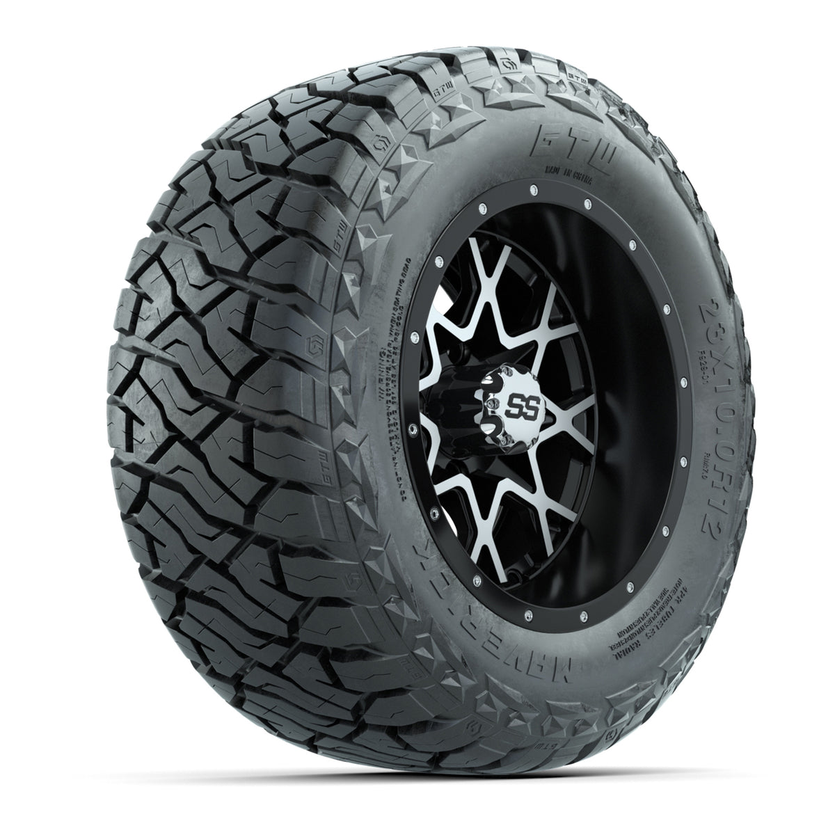12" GTW Vortex Wheels Matte Machined Black and Maverick Low Profile & All Terrain Tires Combo Set of 4