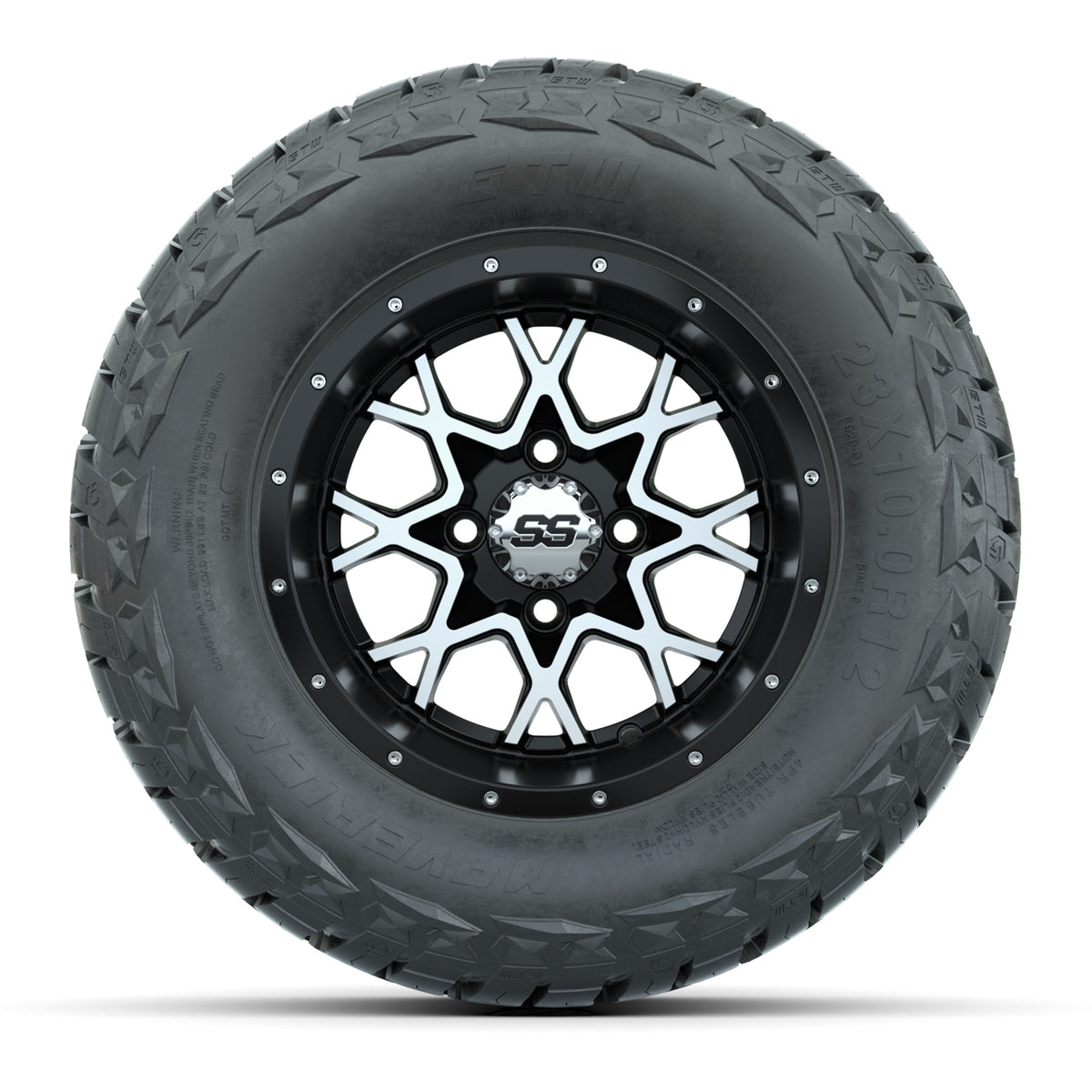 12" GTW Vortex Wheels Matte Machined Black and Maverick Low Profile & All Terrain Tires Combo Set of 4