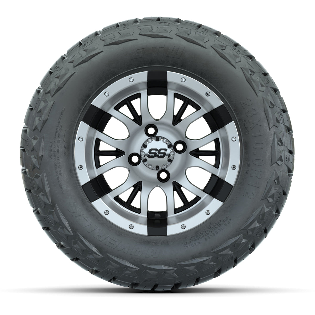 12" GTW Diesel Wheels Black/Machined and Maverick 23x10.00-R12 All Terrain Tires Combo Set of 4