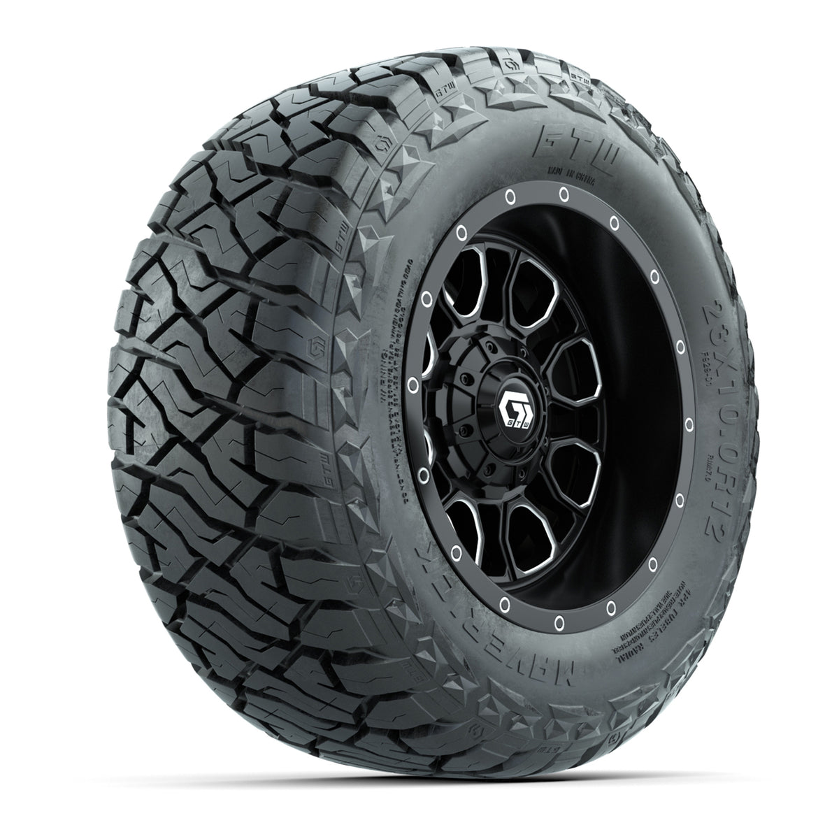 12" GTW Volt Wheels Machined Black and Maverick Low Profile & All Terrain Tires Combo Set of 4