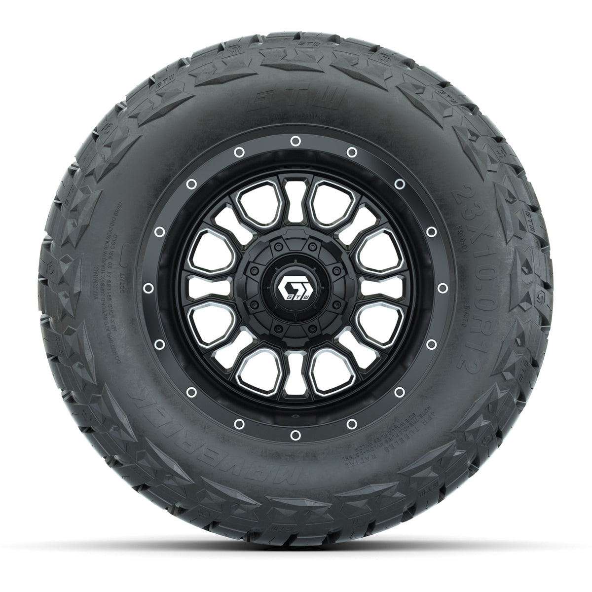 12" GTW Volt Wheels Machined Black and Maverick Low Profile & All Terrain Tires Combo Set of 4