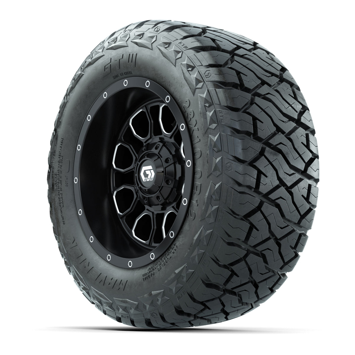 12" GTW Volt Wheels Machined Black and Maverick Low Profile & All Terrain Tires Combo Set of 4