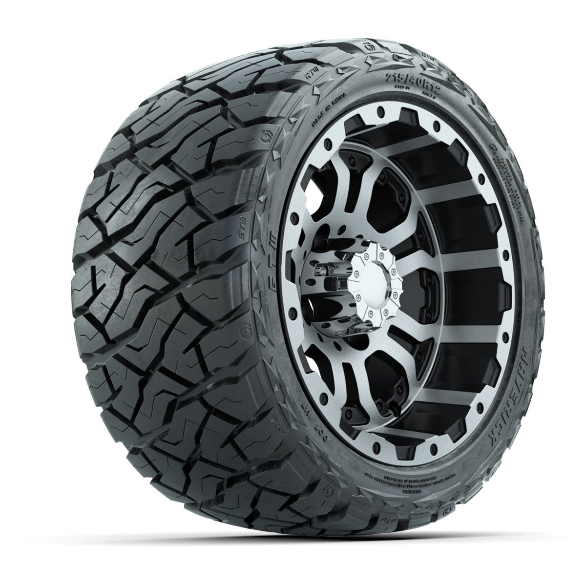 12" GTW Omega Wheels Machined Black and Maverick Low Profile & All Terrain Tires Combo Set of 4
