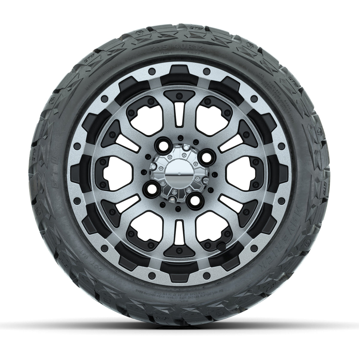 12" GTW Omega Wheels Machined Black and Maverick Low Profile & All Terrain Tires Combo Set of 4
