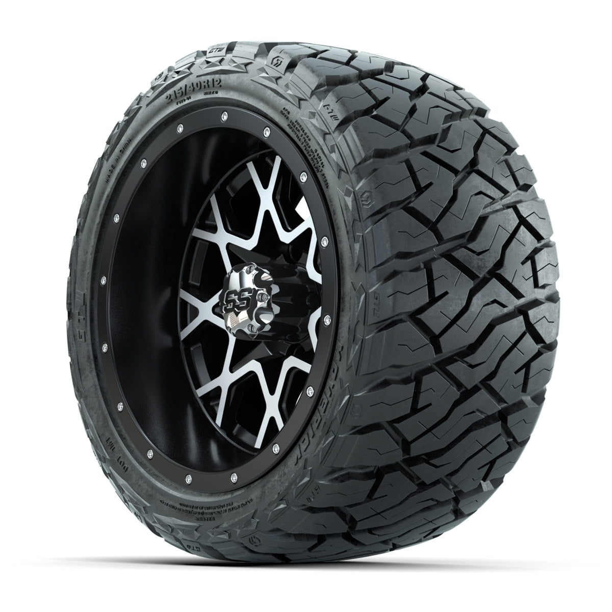 12" GTW Vortex Wheels Matte Machined Black and Maverick Low Profile & All Terrain Tires Combo Set of 4