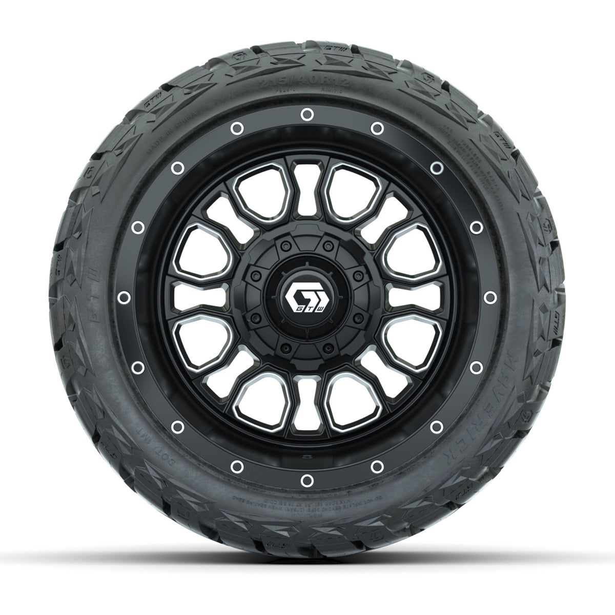12" GTW Volt Wheels Machined Black and Maverick Low Profile & All Terrain Tires Combo Set of 4