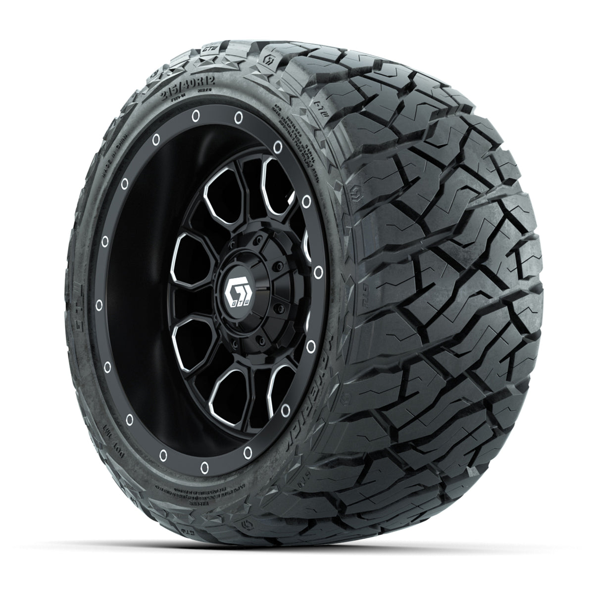 12" GTW Volt Wheels Machined Black and Maverick Low Profile & All Terrain Tires Combo Set of 4
