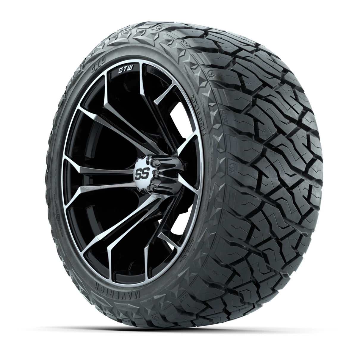 14" GTW Spyder Wheels Machined Black and Maverick Low Profile & All Terrain Tires Combo Set of 4