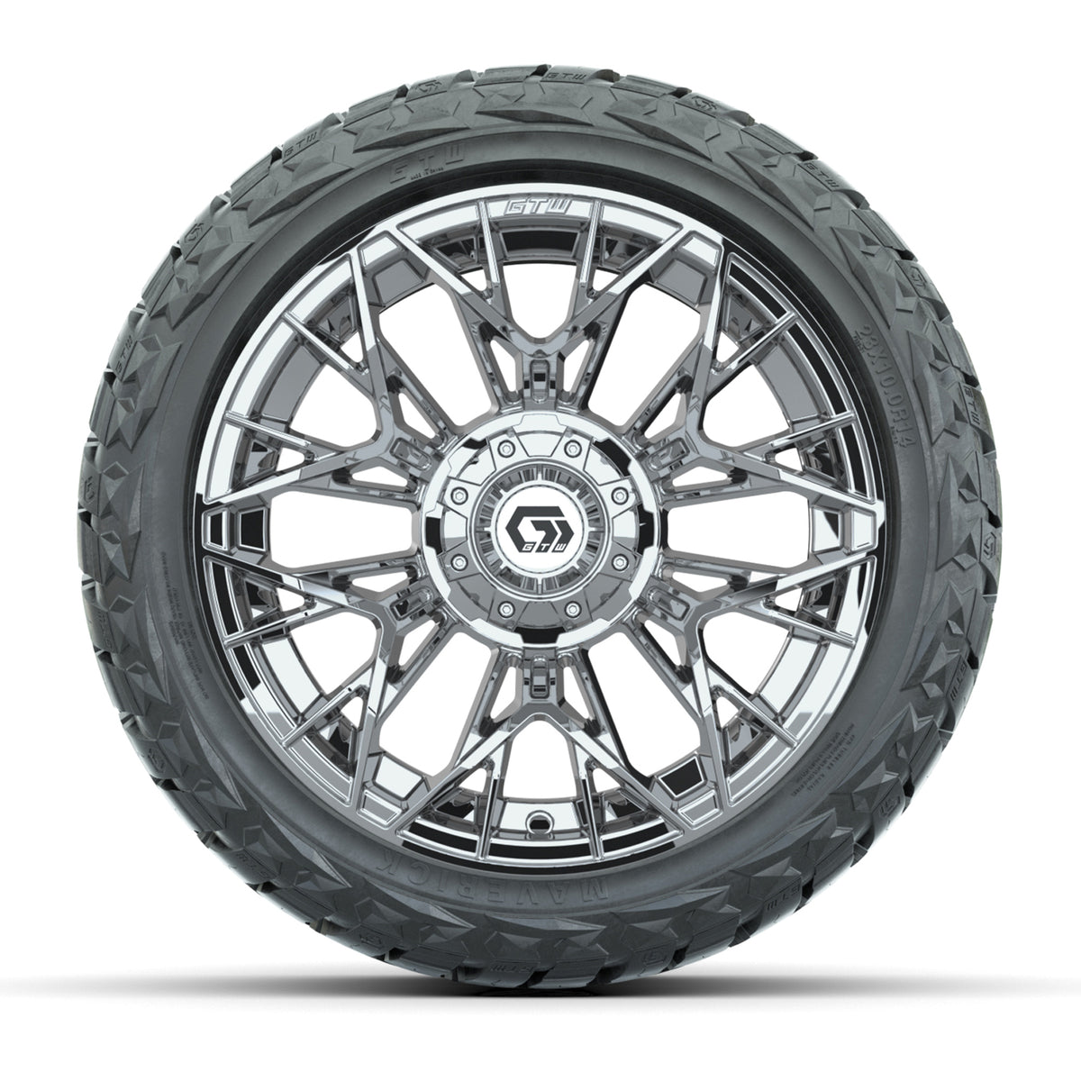 14" GTW Stellar Wheels Chrome and Maverick Low Profile & All Terrain Tires Combo Set of 4