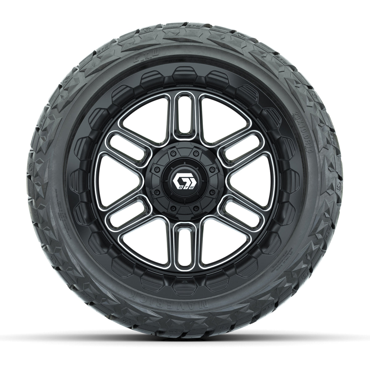 14" GTW Titan Wheels Machined Black and Maverick Low Profile & All Terrain Tires Combo Set of 4