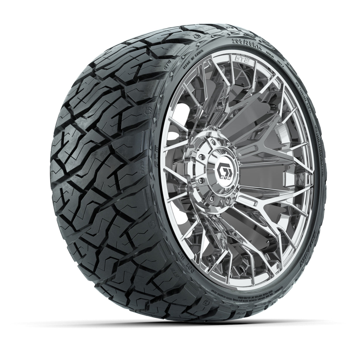 14" GTW Stellar Wheels Chrome and Maverick Low Profile & All Terrain Tires Combo Set of 4