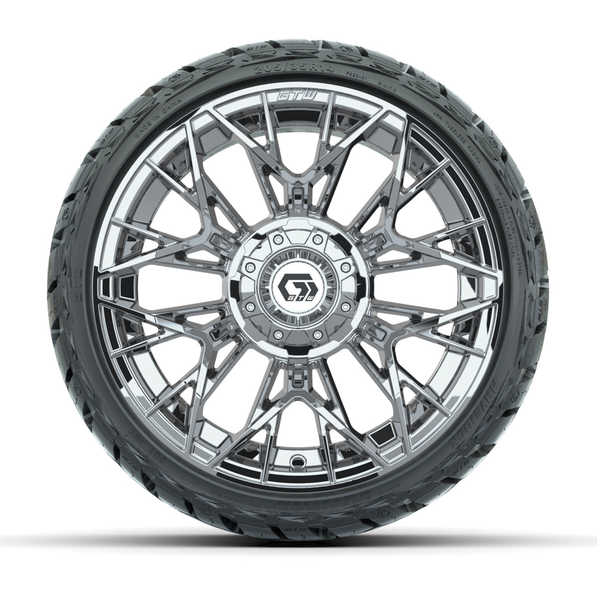 14" GTW Stellar Wheels Chrome and Maverick Low Profile & All Terrain Tires Combo Set of 4