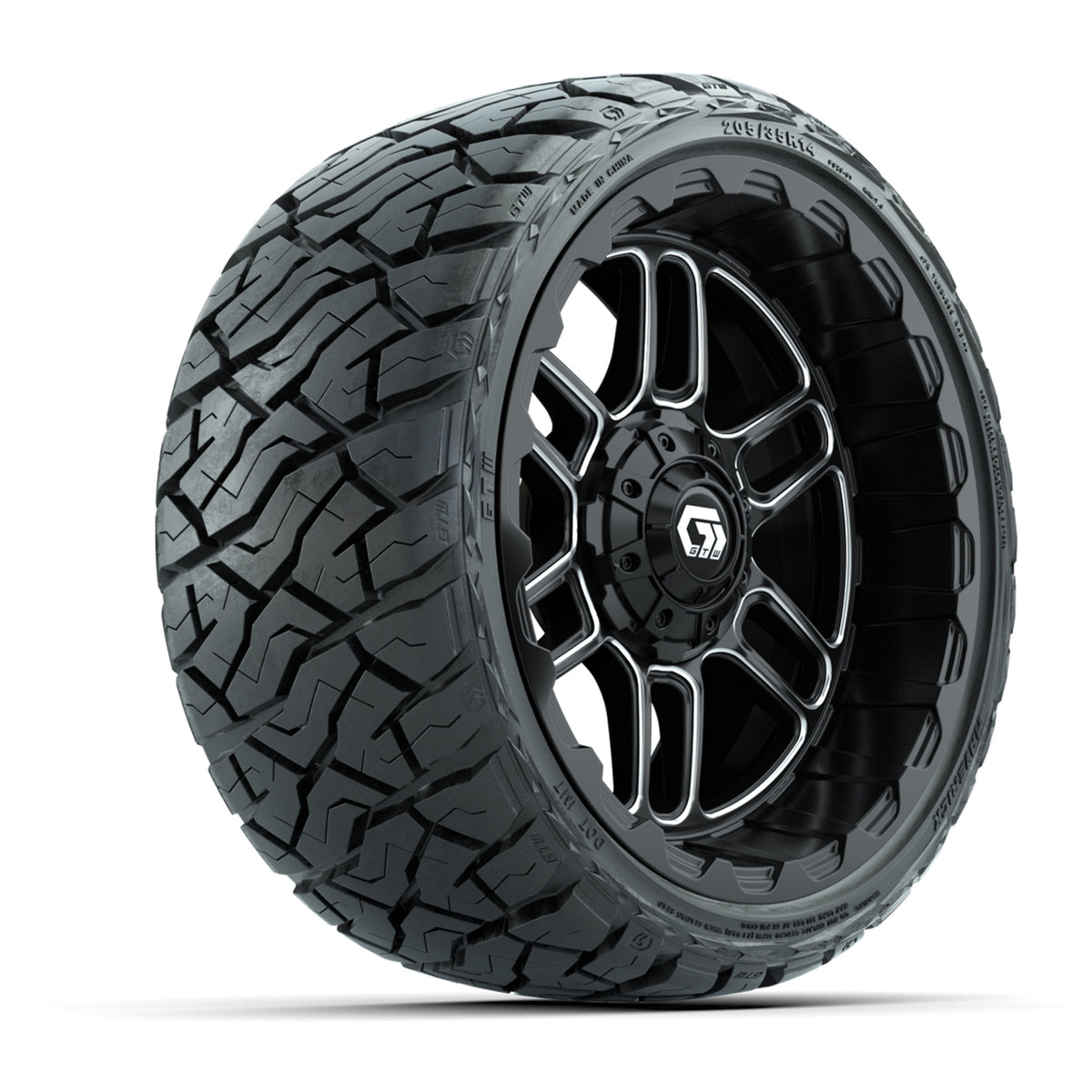 14" GTW Titan Wheels Machined Black and Maverick Low Profile & All Terrain Tires Combo Set of 4