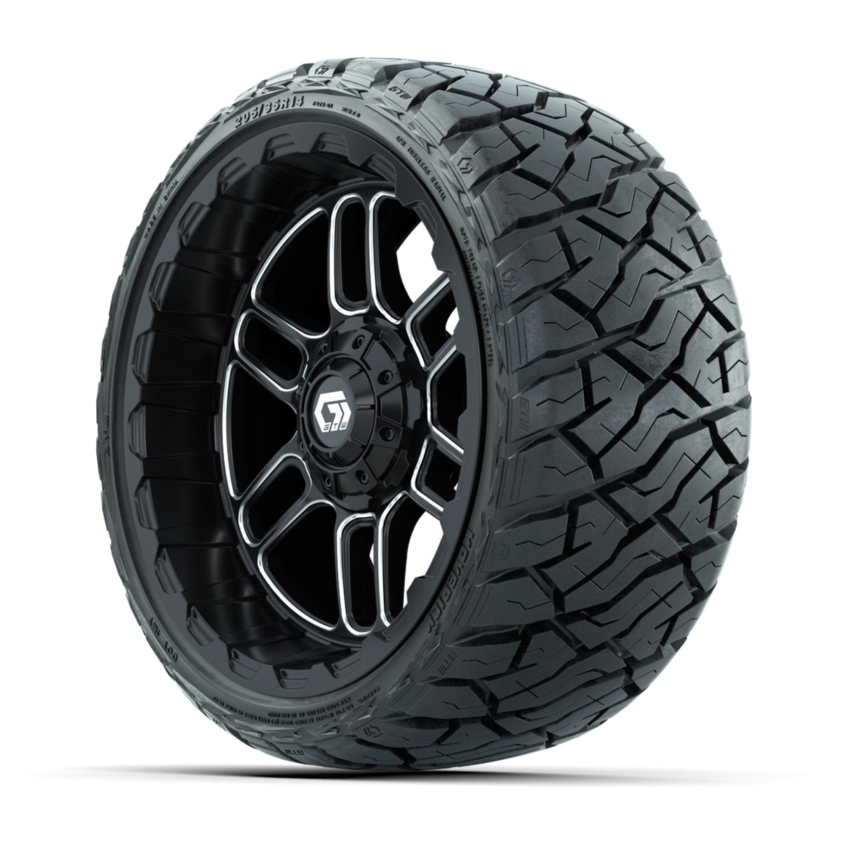 14" GTW Titan Wheels Machined Black and Maverick Low Profile & All Terrain Tires Combo Set of 4