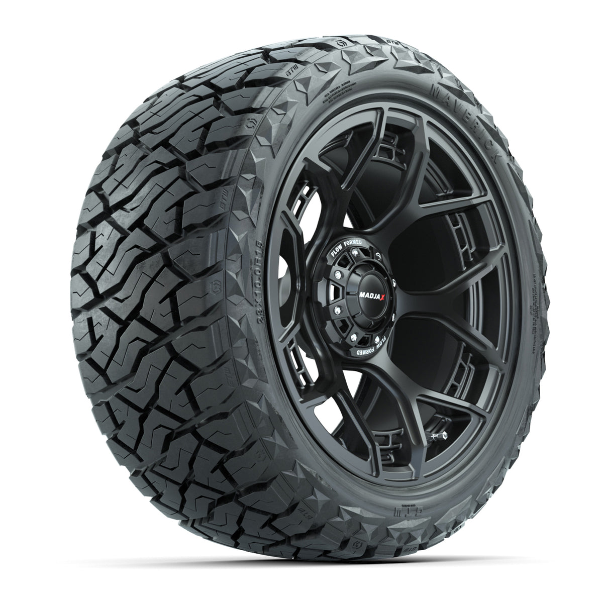 15" GTW MadJax Wheels Flow Form Evolution Matte Black and Maverick 23x10.00-R15 All Terrain Tires Combo Set of 4