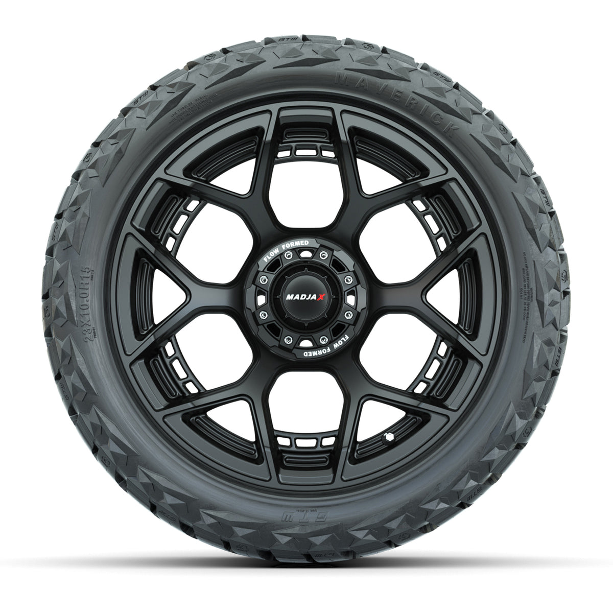15" GTW MadJax Wheels Flow Form Evolution Matte Black and Maverick 23x10.00-R15 All Terrain Tires Combo Set of 4