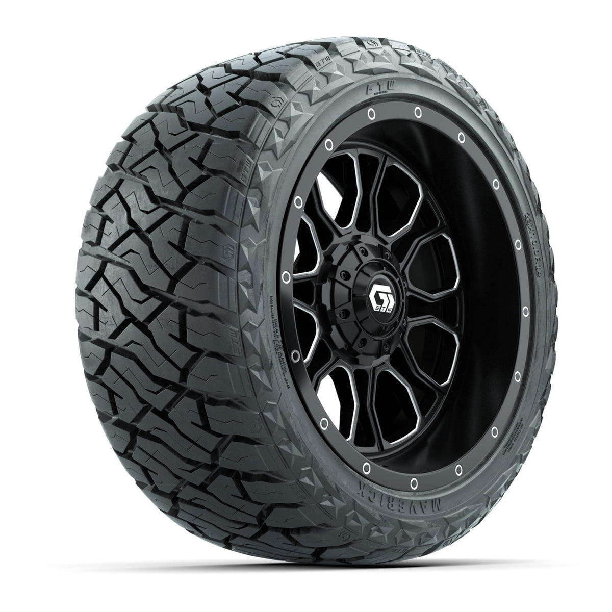 14" GTW Volt Wheels Black/Machined and Maverick 23x10-R14 All Terrain Tires Set of 4