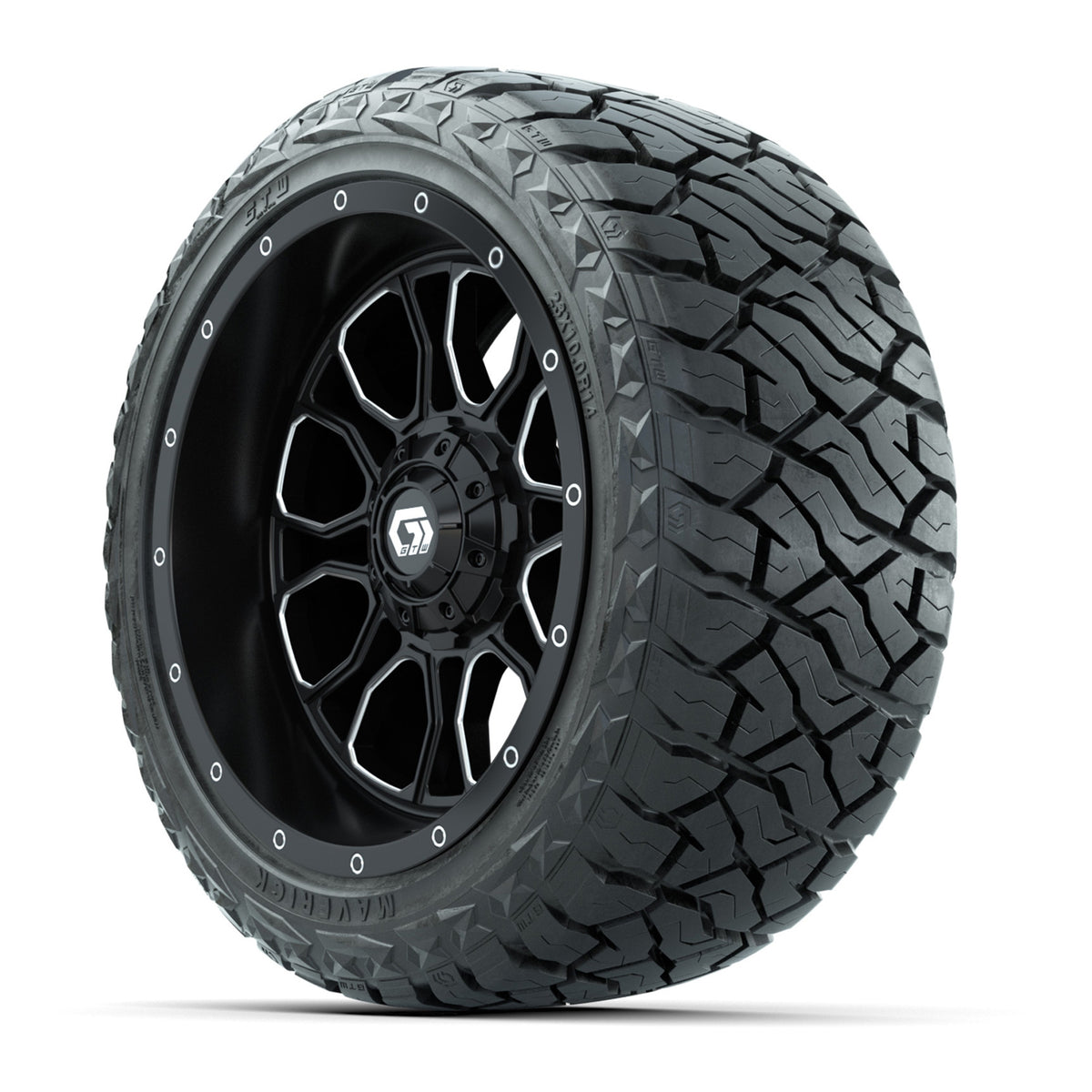 14" GTW Volt Wheels Black/Machined and Maverick 23x10-R14 All Terrain Tires Set of 4