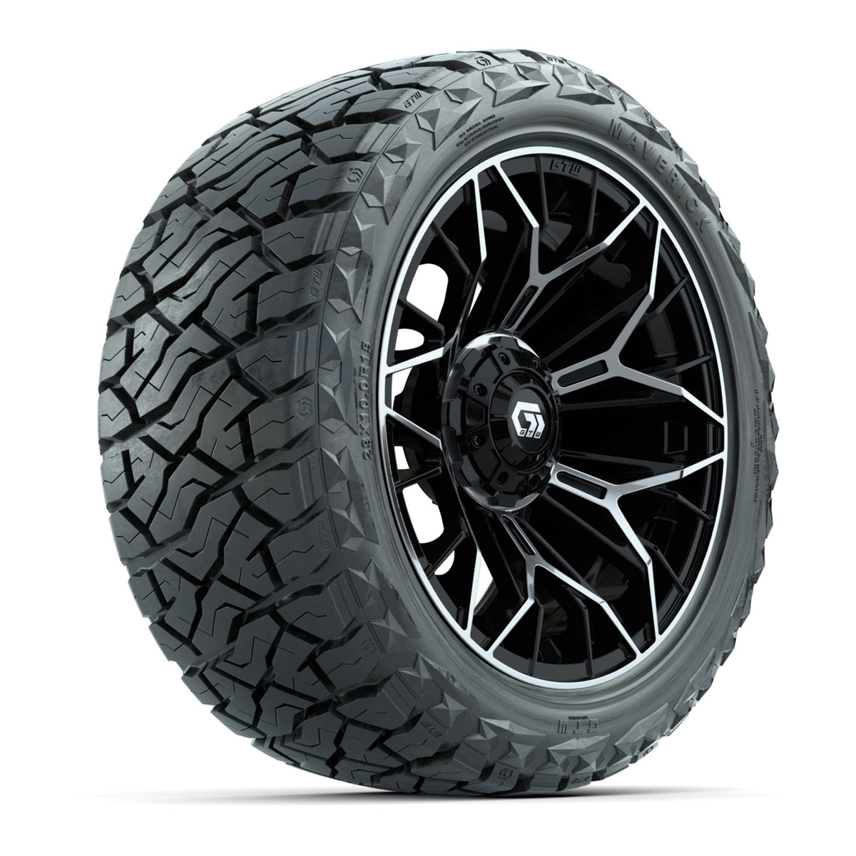 15" GTW Stellar Wheels Machined Black and Maverick 23x10.00-R15 All Terrain Tires Combo Set of 4