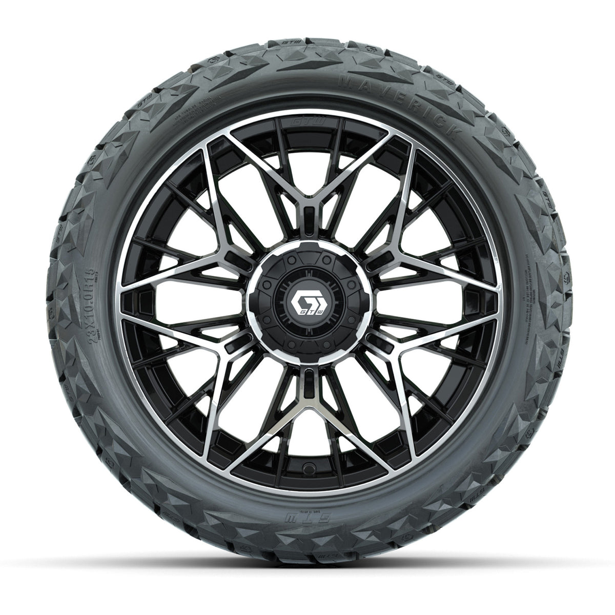 15" GTW Stellar Wheels Machined Black and Maverick 23x10.00-R15 All Terrain Tires Combo Set of 4