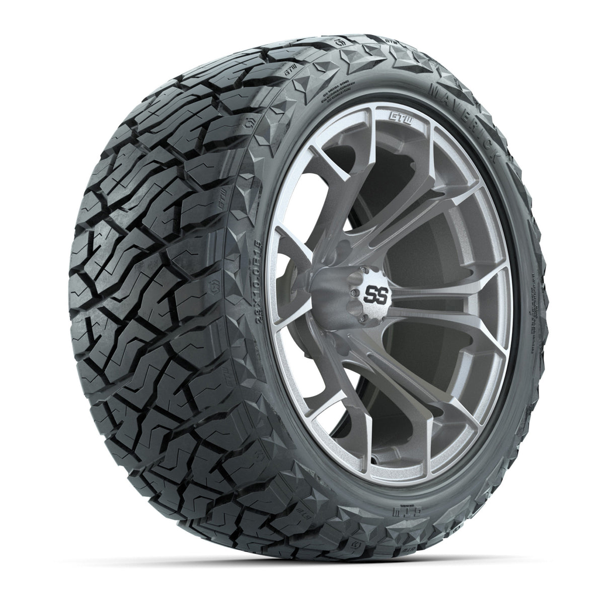 15" GTW Spyder Wheels Machined Silver and Maverick 23x10.00-R15 All Terrain Tires Combo Set of 4