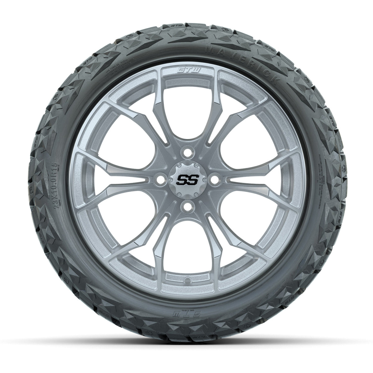 15" GTW Spyder Wheels Machined Silver and Maverick 23x10.00-R15 All Terrain Tires Combo Set of 4