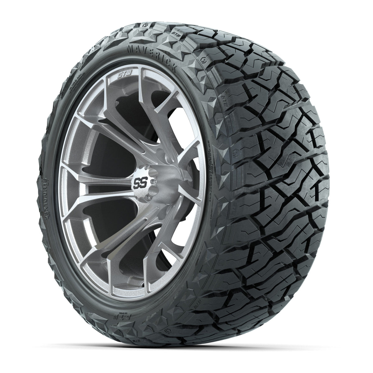 15" GTW Spyder Wheels Machined Silver and Maverick 23x10.00-R15 All Terrain Tires Combo Set of 4