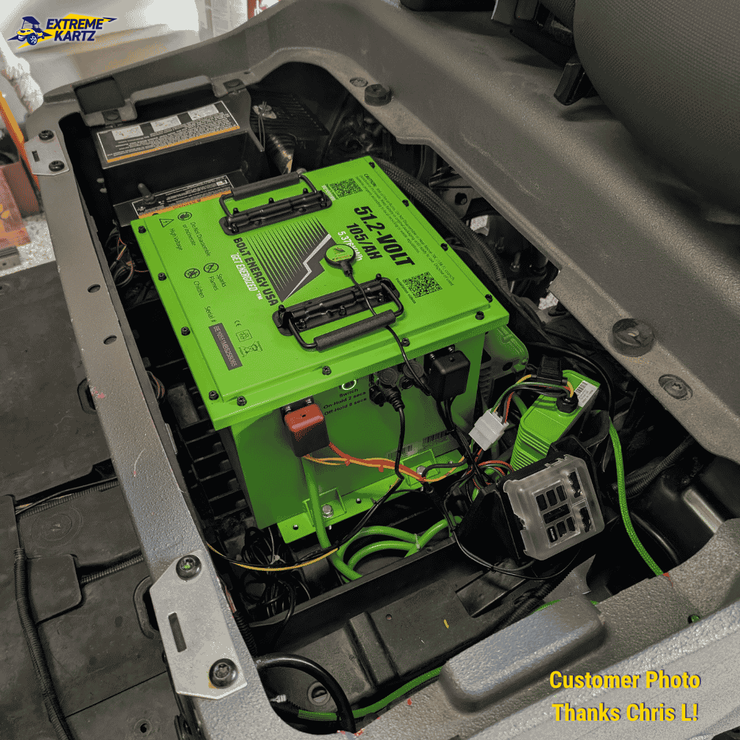 Bolt Energy 105AH 48 Volt MINI Golf Cart Lithium Battery - Professional Kit installed in a golf cart with clean wiring and compact battery fitment. Customer photo.
