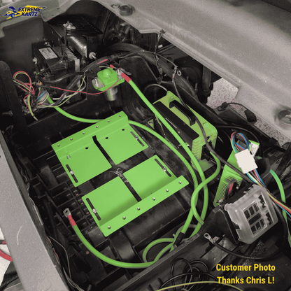 Bolt Energy 105AH 48 Volt MINI Golf Cart Lithium Battery - Professional Kit mounting plate and cables installed before battery placement. Customer photo.
