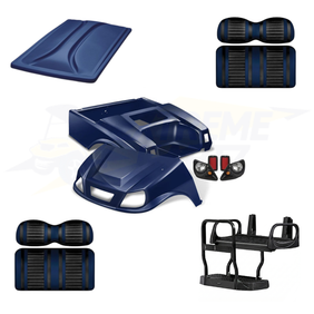 Club Car DS Spartan 5pc Upgrade Kit:
Doubletake Body Kit - Navy
Doubletake Extreme Seat -Black/Navy
Doubletake 80" Top - Navy
Doubletake Rear Seat Kit - Max5 (without cupholder)
