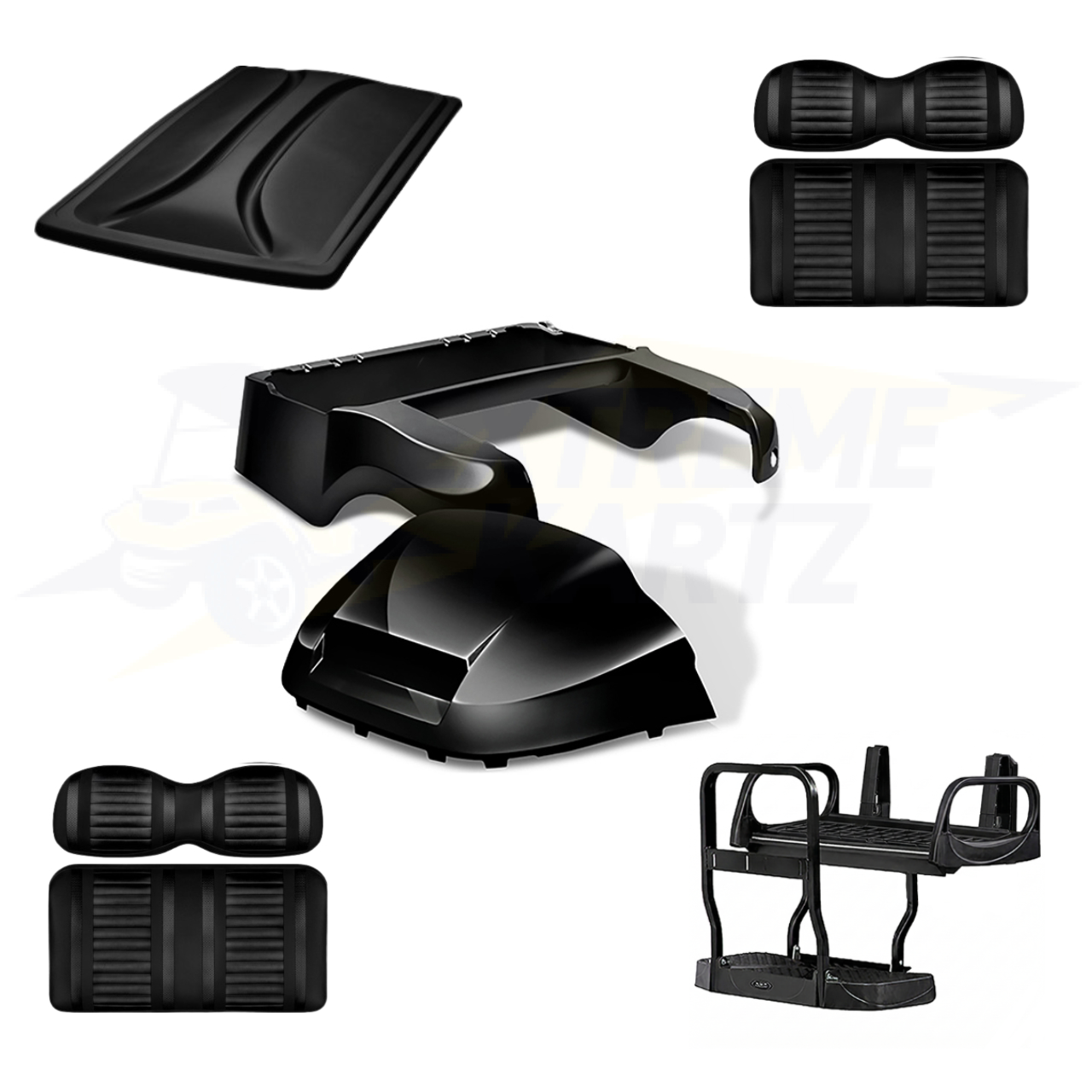 Precedent Factory Style 5pc Upgrade Kit:
Doubletake Body Kit - Black
Doubletake Extreme Seat -Black/Black
Doubletake 80" Top - Black
Doubletake Rear Seat Kit - Max5 (without cupholder)