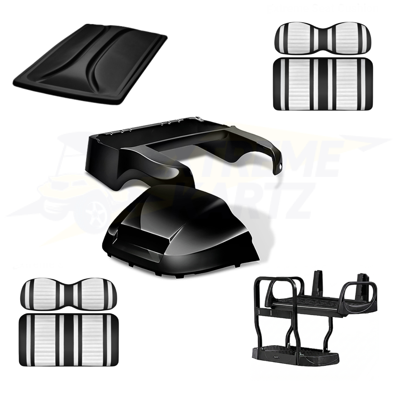 Precedent Factory Style 5pc Upgrade Kit:
Doubletake Body Kit - Black
Doubletake Extreme Seat -Black/White
Doubletake 80" Top - Black
Doubletake Rear Seat Kit - Max5 (without cupholder)