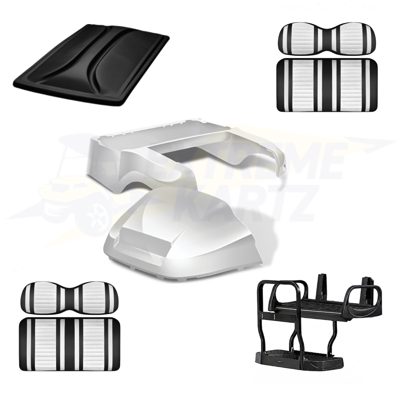 Precedent Factory Style 5pc Upgrade Kit:
Doubletake Body Kit - White
Doubletake Extreme Seat -Black/White
Doubletake 80" Top - Black
Doubletake Rear Seat Kit - Max5 (without cupholder)