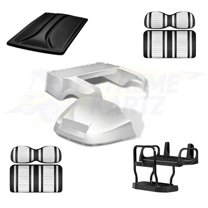 Precedent Factory Style 5pc Upgrade Kit:
Doubletake Body Kit - White
Doubletake Extreme Seat -Black/White
Doubletake 80" Top - Black
Doubletake Rear Seat Kit - Max5 (without cupholder)