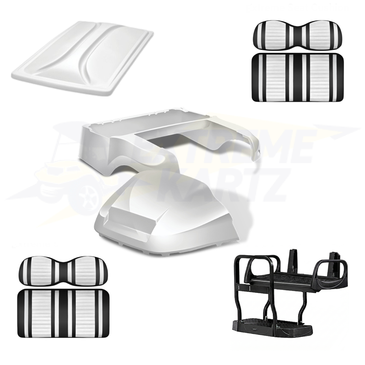 Precedent Factory Style 5pc Upgrade Kit:
Doubletake Body Kit - White
Doubletake Extreme Seat -Black/White
Doubletake 80" Top - White
Doubletake Rear Seat Kit - Max5 (without cupholder)